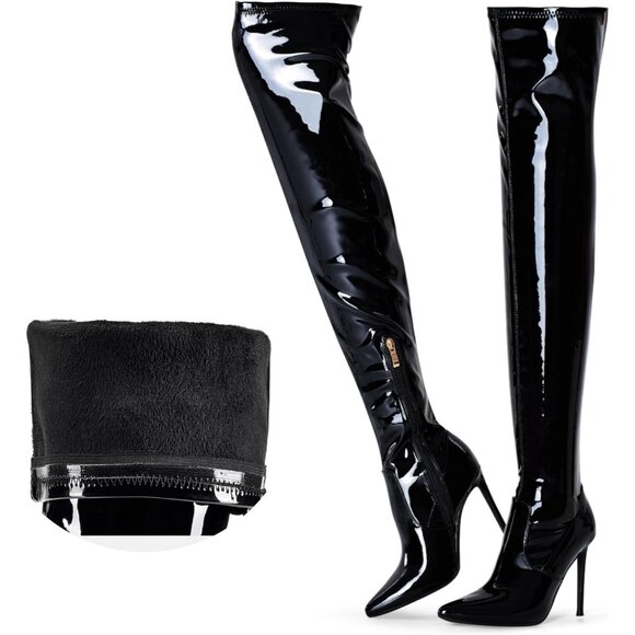 Women Black Patent Wools Lining Pointed Toe 4.3 inch Stilettos Thigh High Boots - Picture 1 of 8